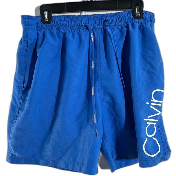 Calvin Klein Swimwear Blue Logo 7" Volley Swim Trunks for Men Large - Picture 1 of 8